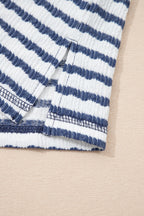 Blue Stripe Textured Knit Split Hem Half Sleeve Loose Top