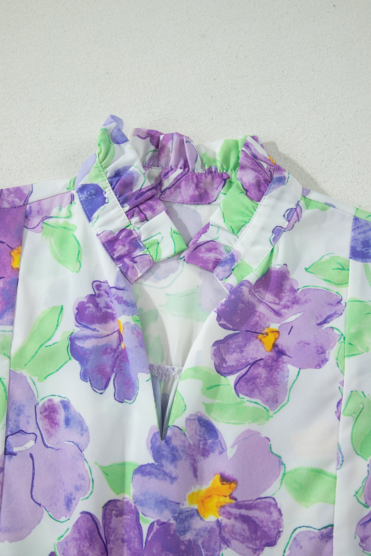Purple Floral V Collar Short Sleeve Tiered Ruffle Mini Dress