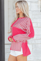 Pink Stripe Color Block Patchwork Drop Shoulder Long Sleeve Tunic Top