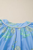 Sky Blue Plus Periwinkle Floral Printed Short Sleeve Striped Trim Split Neck Mini Dress