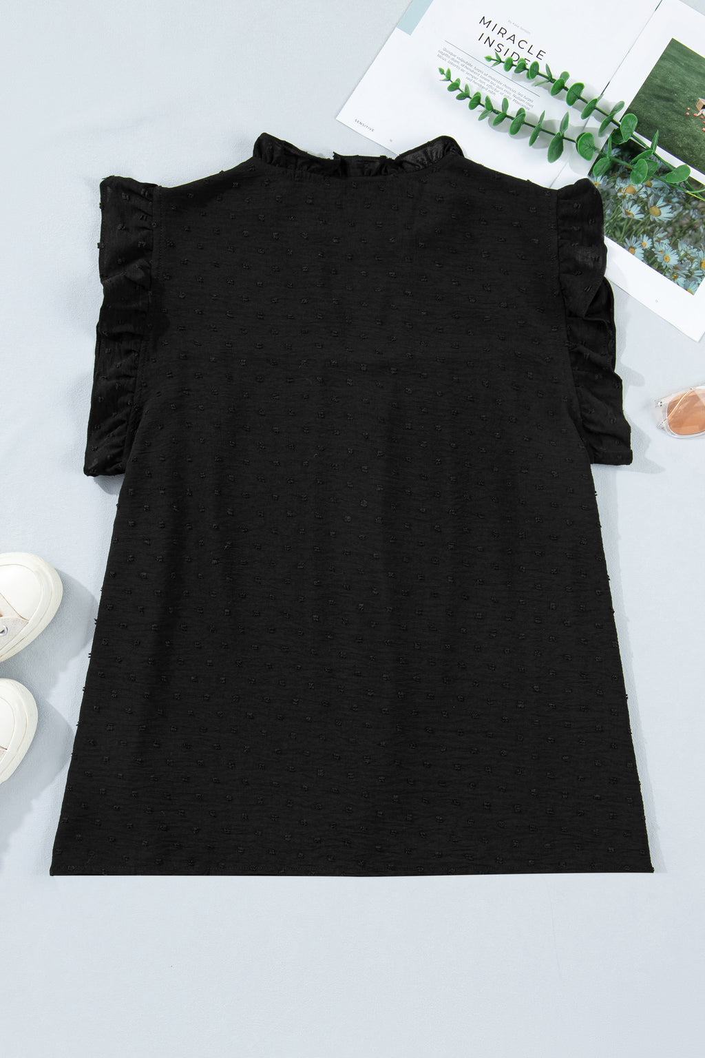 Plus Size Swiss Dot Ruffle Lace Trim V Neck Tank Top