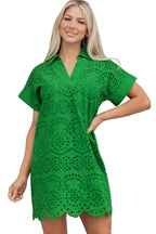 Green Solid Color Eyelet Embroidered T Shirt Mini Dress