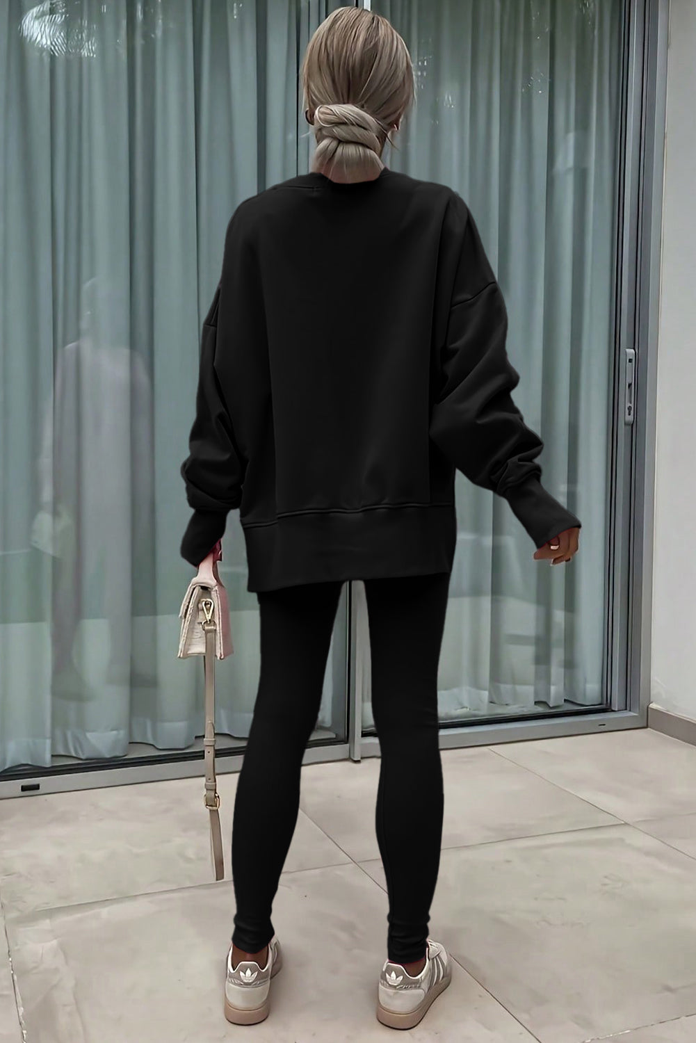 Solid Color Oversize Slit Sweatshirt Ribbed Leggings 2pcs Set
