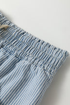 Sky Blue Stripe Raw Edge Drawstring Elastic Waist Casual Denim Shorts