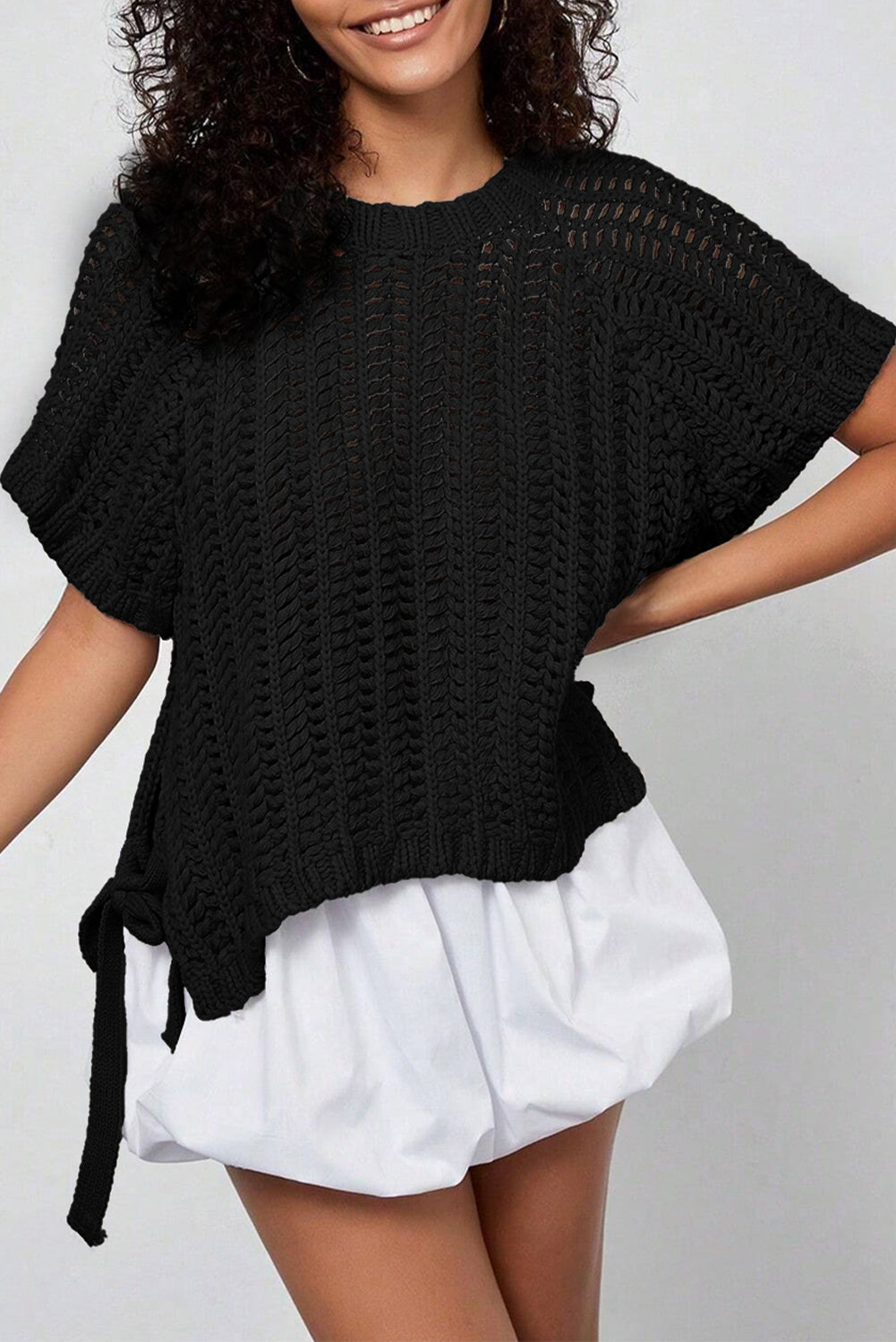 Plus Size Open Knit Bow Tie Short Sleeve Sweater