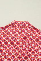 Orange Geometric Floral Print Color Block Trim Button Front Ruffle Hem Dress
