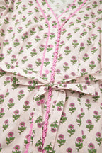 Pink Floral Print V Neck Scallop Trim Button Front Short Sleeve Long Dress