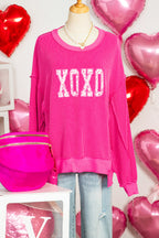 Strawberry Pink Twisted Ribbed Long Sleeve XOXO Bow Print Embroidered Patch Graphic Top