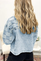 Beau Blue Denim Checkered Pattern Patchwork Womens Casual Jacket