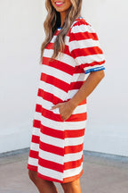 Striped Contrast Trim Round Neck Short Puff Sleeve Shift Mini Dress