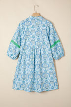 Sky Blue Boho Paisley Print Contrasted Patchwork Detail Bracelet Sleeve Loose Mini Dress