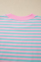 Striped Color Block Detail Long Sleeve Pullover Elastic Waist Pull On Shorts 2pcs Set