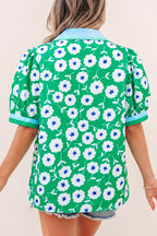 Green Flower Printed Contrast Patchwork Collar Short Sleeve Blouse
