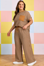Khaki Stripe Plus Size Striped Colorblock Pocket Lounge Set