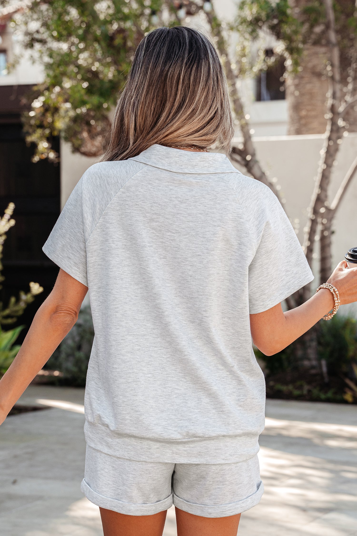 Light Grey Collared V Neck Tee Drawstring Elastic Waist Shorts 2pcs Outfit