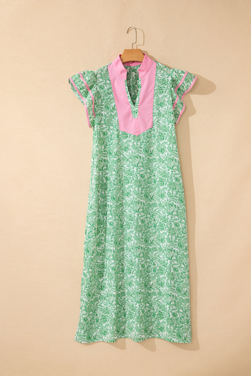 Floral Print Color Block Patchwork V Neck Short Sleeve Midi Dress