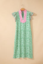 Floral Print Color Block Patchwork V Neck Short Sleeve Midi Dress