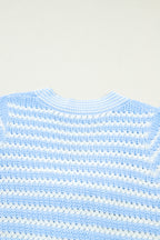 Sky Blue Stripe Short Sleeve Knit V Neck Bow Knot Sweater