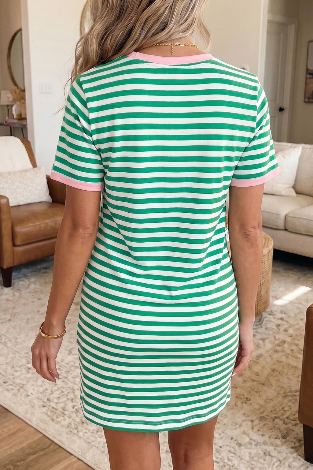 Striped Nautical Tie Contrast Trim Round Neck T Shirt Mini Dress