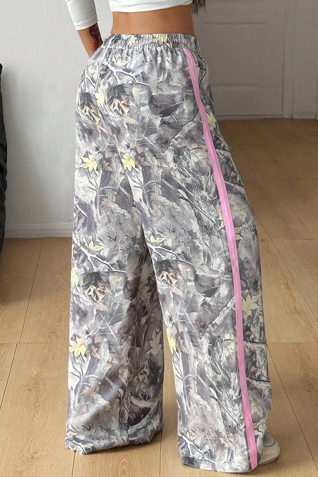 Grey Camo Woodland Print Colour Block Detail Drawstring Wide Leg Sweatpants
