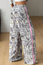Grey Camo Woodland Print Colour Block Detail Drawstring Wide Leg Sweatpants