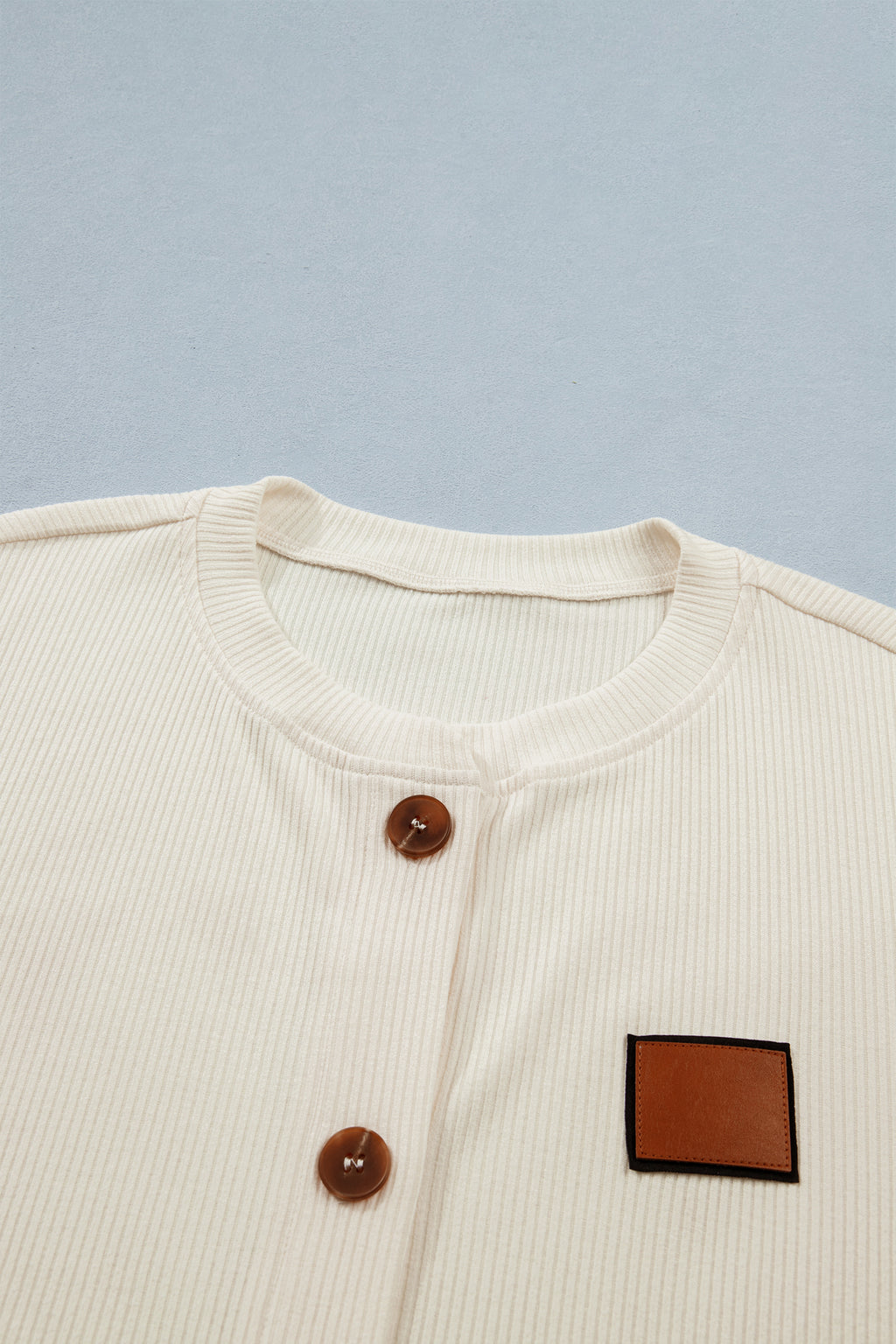 Beige Denim Patchwork Short Sleeve Ribbed Shirt