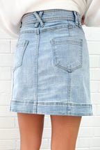 Beau Blue Exposed Seam Detail A-line Denim Mini Skirt with Pockets