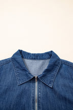 Blue Zip up Collared Short Sleeve Shift Mini Denim Dress