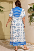 Sky Blue Plus Size Floral Print Contrast Boho Patchwork V Neck Loose Midi Dress