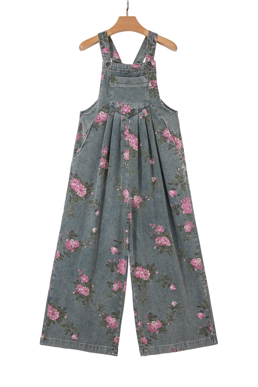 Floral Print Pleated High Waist Wide Leg Denim Jumpsuit