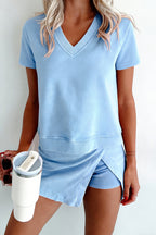 Mineral Wash V Neck Tee Matching Skort Set
