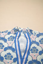 Sky Blue Floral Print Flounced Short Sleeve Contrast Trim V Neck Blouse
