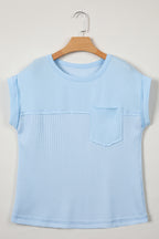 Solid Coluor Raw Seam Waffled Patchwork Casual T Shirt