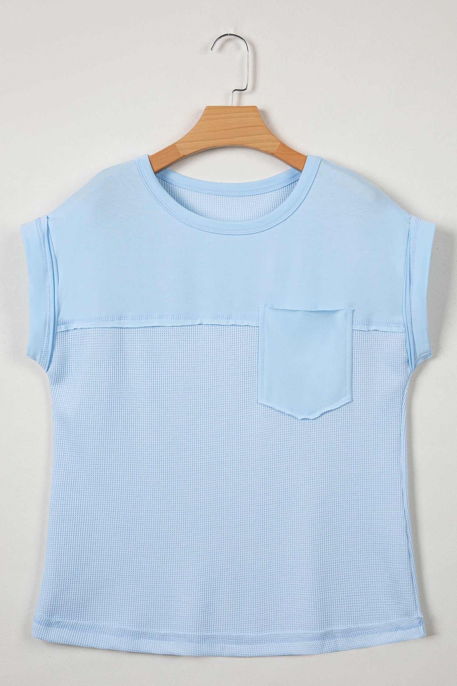 Solid Coluor Raw Seam Waffled Patchwork Casual T Shirt