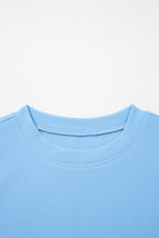 Light Blue Round Neck Textured Contrast Floral Bubble Sleeve Blouse