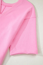 Pink Solid Color Raw Edge Half Sleeve Pocketed Loose Romper