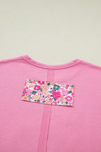 Bright Pink Floral Patched Raw Seam Big Flower Oversize Tee