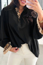 Contrast Leopard Print Patchwork Polo Collar Buttons Front Ruffled Long Sleeve Blouse
