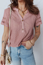 Fuchsia Textured Embroidered Half Buttons Short Sleeve Blouse