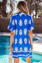 Blue Ethnic Geometric Print Collared Button Front Short Puff Sleeve Mini Dress