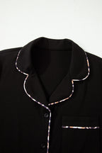 Black Leopard Patchwork Trim Lapel Shirt Drawstring Shorts 2pcs Pajama Set