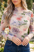 Apricot Floral Mesh Long Sleeve Thumbhole Hem Pullover