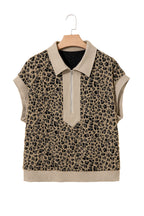 Beige Ribbed Patchwork Collar Cuffed Sleeve Leopard Plus Top