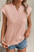 Wavy Textured Button V Neck Tee