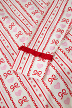 Red Sweet Floral Heart Bow Print Contrast Trim Long Sleeve Shirt Pyjama Short Set