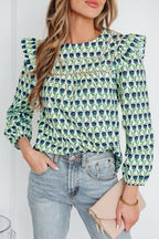 Green Floral Print Lace Detail Ruffle Trim Long Sleeve Blouse