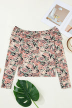 Black Floral Print Mesh Long Sleeve Foldover Off Shoulder Top