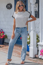 Black Stripe Cuffed Sleeve Button Detail Loose Tee