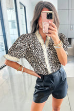Black Leopard Print Striped Ruffled Color Block Trim V Neck Short Sleeve Blouse