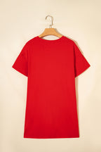 Fiery Red Sequin Trim Stars and Stripes Bow Patched T Shirt Mini Dress